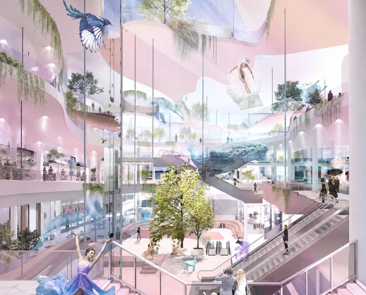 Pink mall interior with layered circulation, performance spaces, planting, and dreamlike installations.