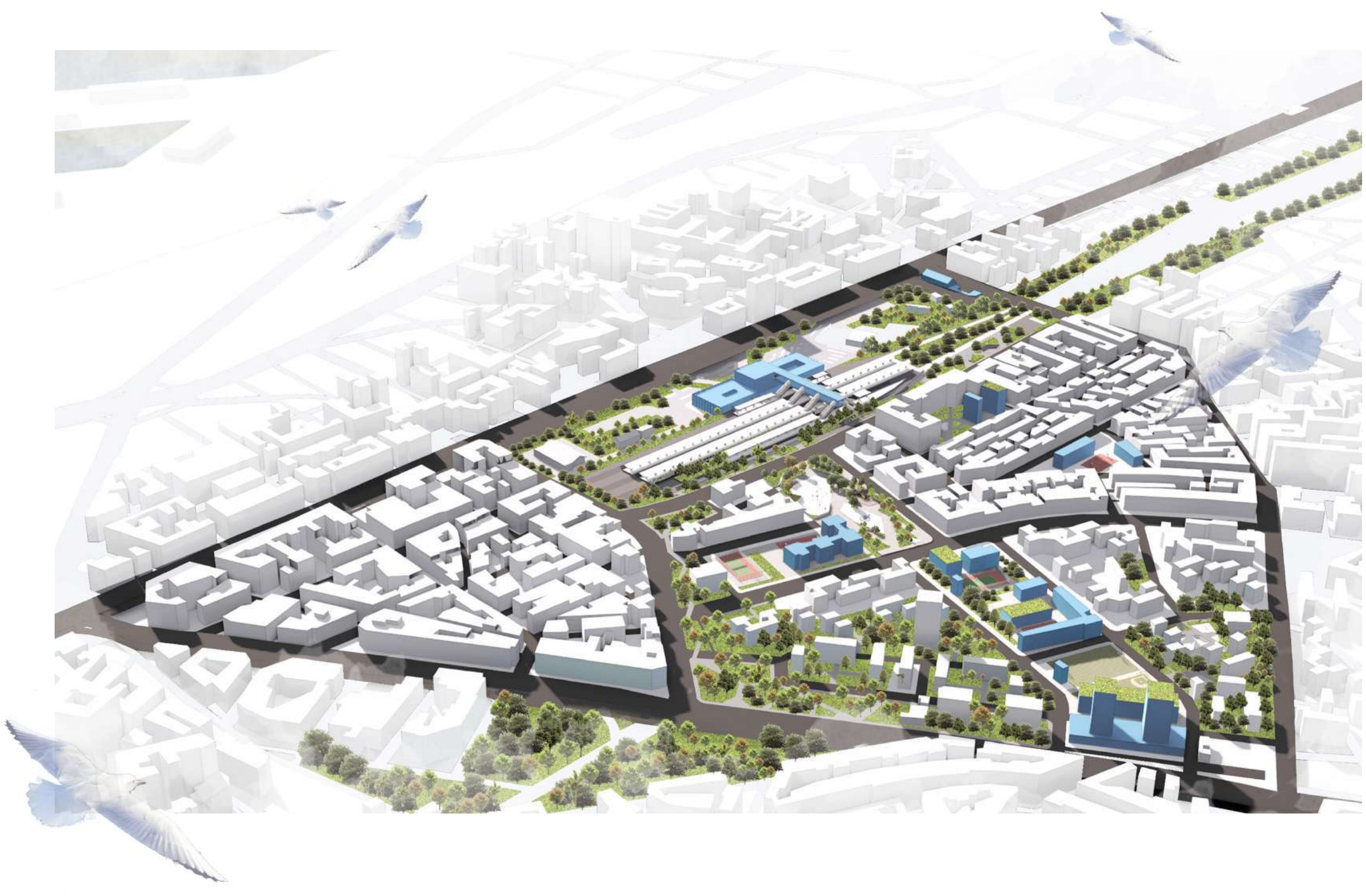 Aerial axonometric of Xirokrini with proposed green routes, cultural spaces and the train station connecting the neighbourhood.