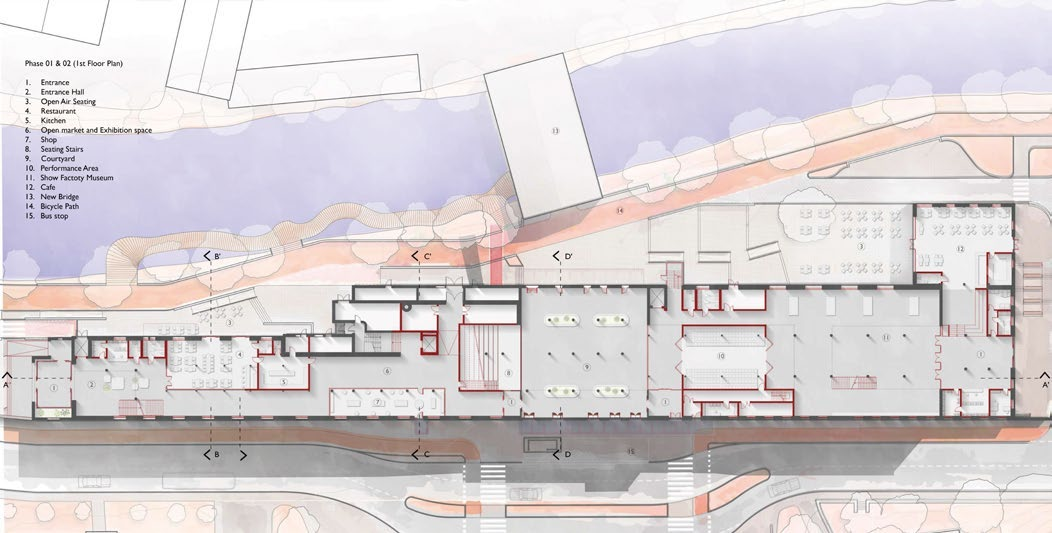 First-floor plan connecting public programmes, interior courts and a continuous route along the canal.