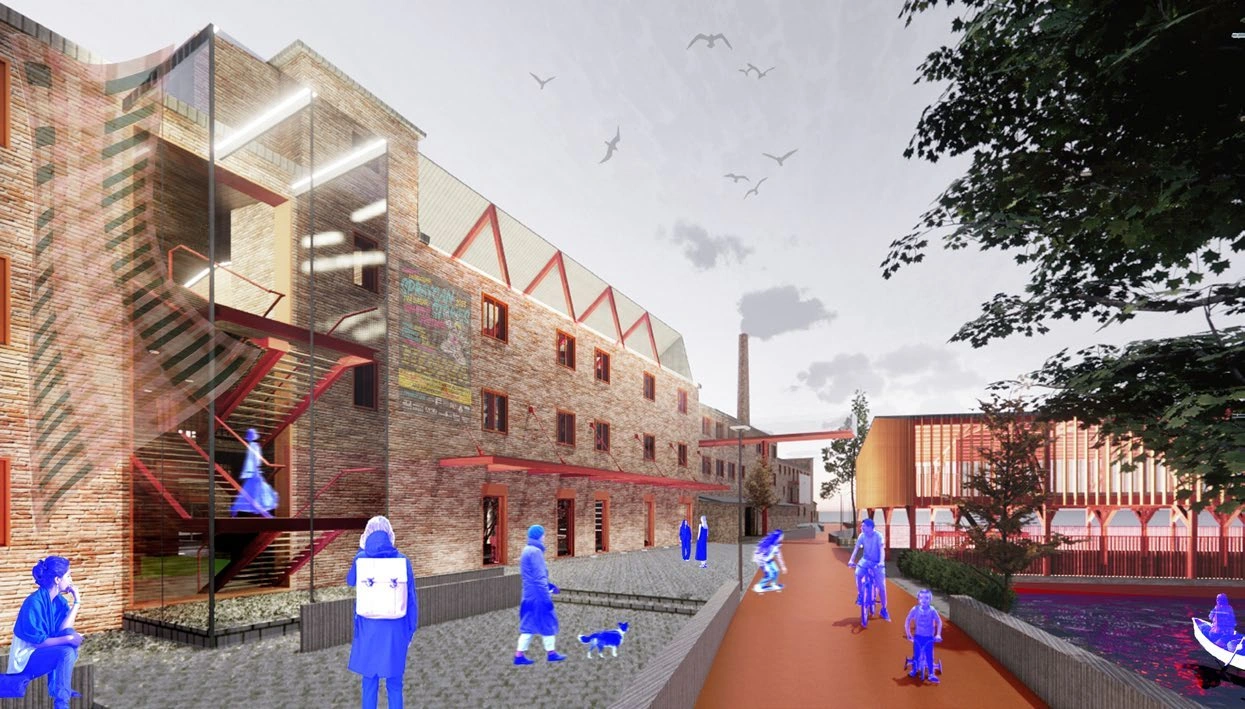Canal-side public route beside the transformed brick factory, with new stairs, walkways and a waterside pavilion.