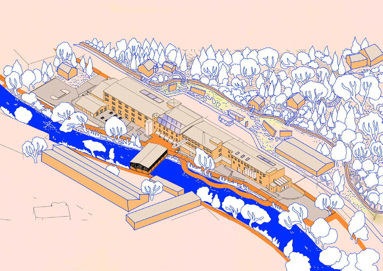 Overall axonometric of the former factory, canal and surrounding public landscape.