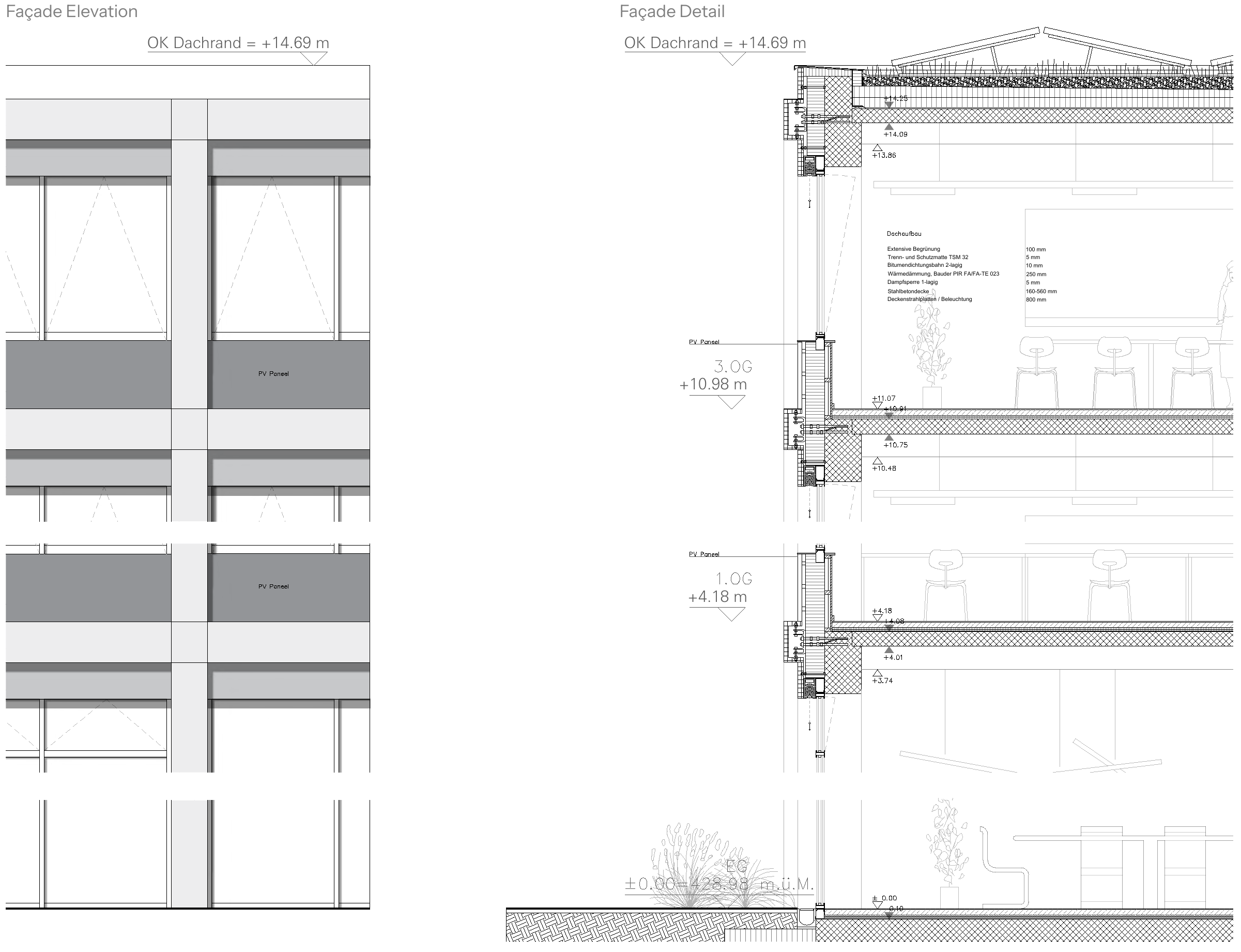 Facade elevation and detailed building section showing the roof, classrooms, floor assemblies and ground connection.