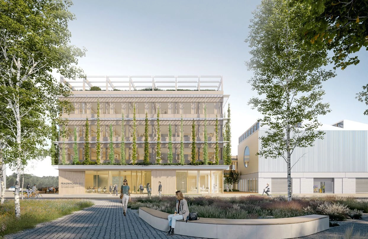 Research building with planted facade and public entrance facing the campus plaza.