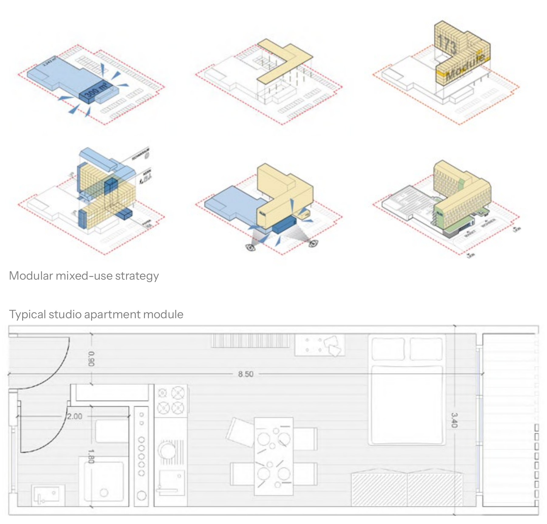 Six massing diagrams of the modular housing strategy and the plan of a typical studio apartment.