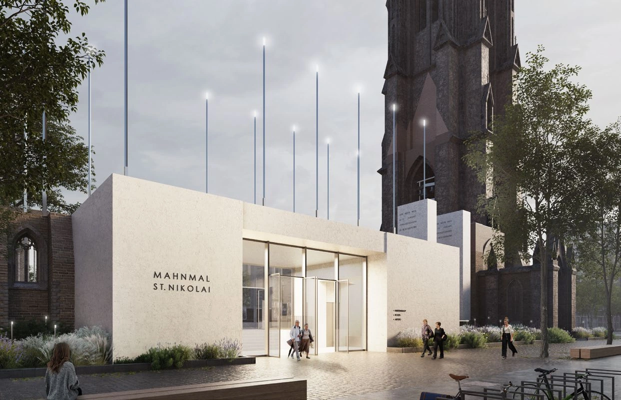 Low concrete entrance pavilion beside the ruined St. Nikolai church tower and slender light poles.