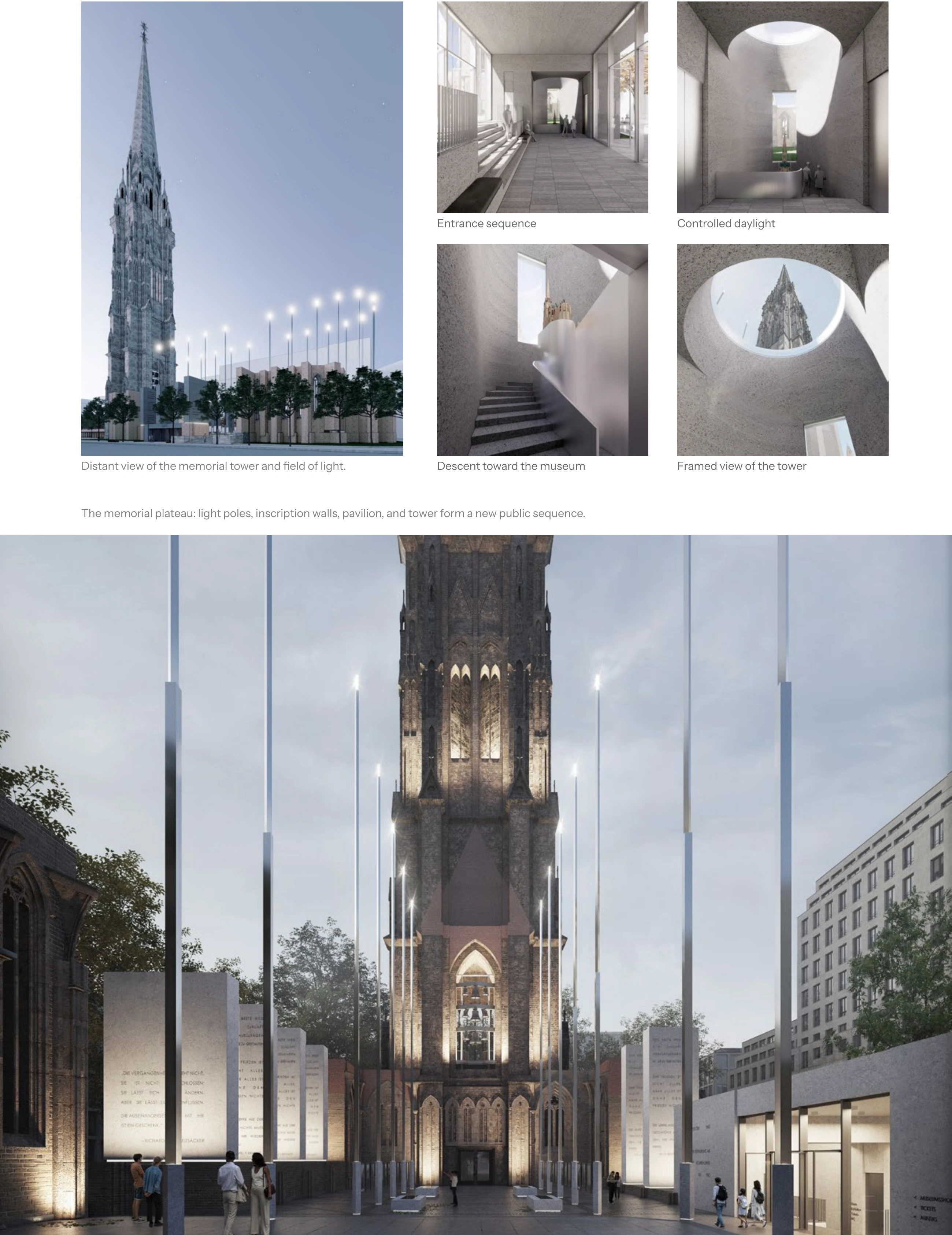 Memorial tower and light poles, pavilion entrance and daylight studies, and the renewed public plateau beside the ruin.