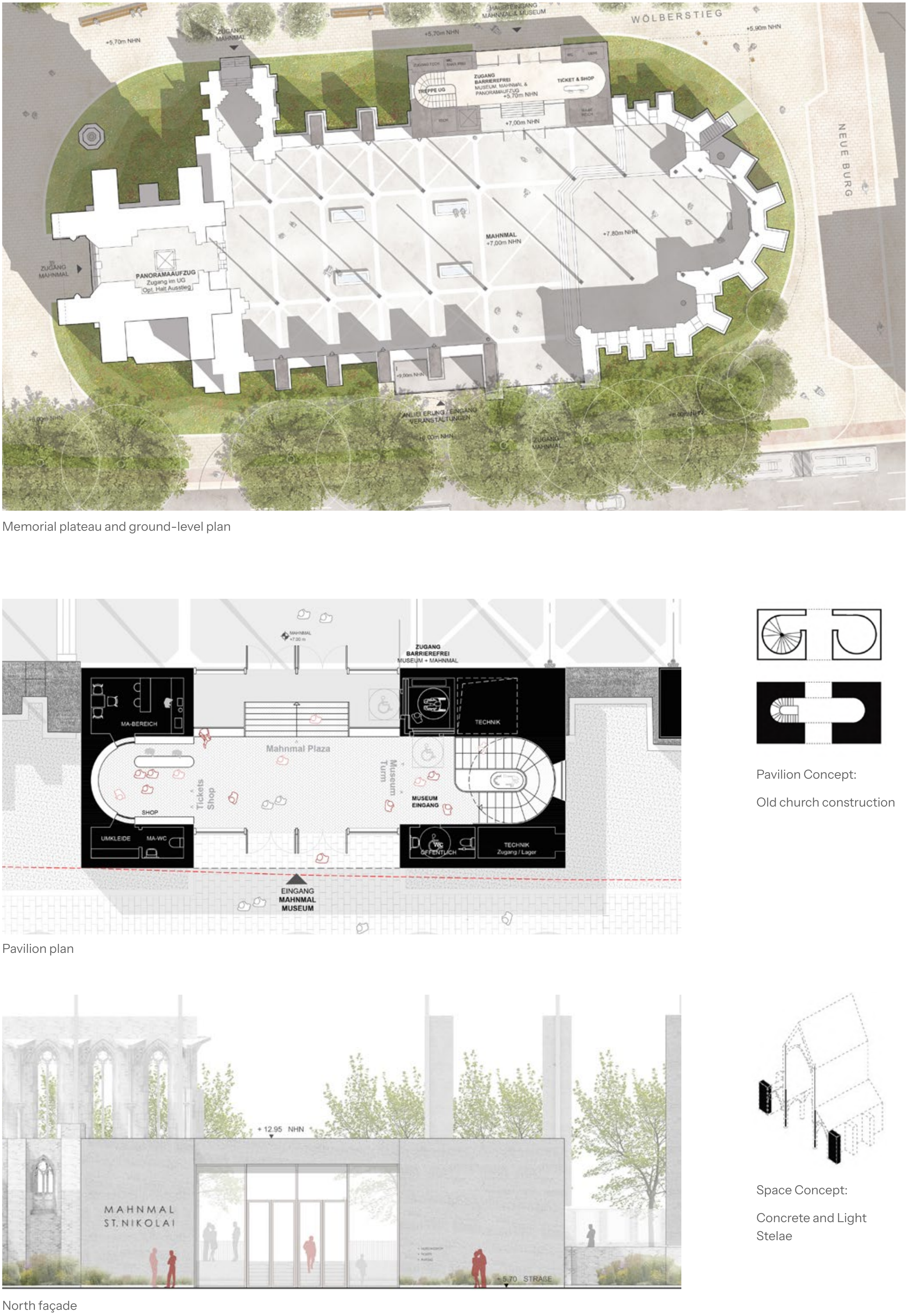 Memorial plateau and ground-level plan, pavilion floor plan, north elevation and diagrams of concrete walls and light stelae.