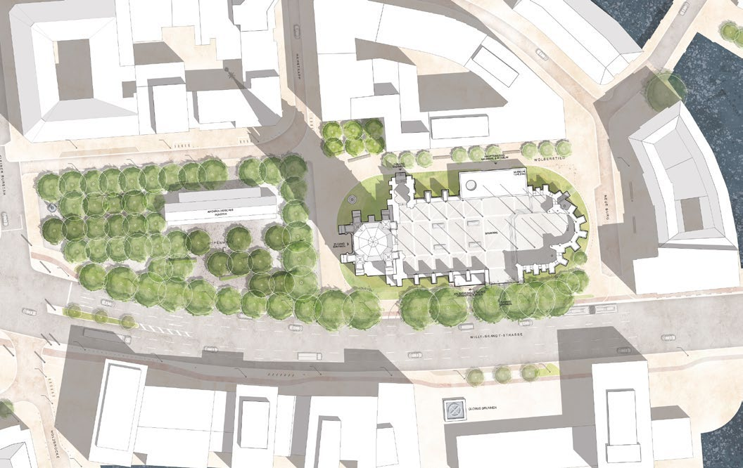 Site plan locating the ruined church, memorial plateau, entrance pavilion, trees and surrounding Hamburg streets.