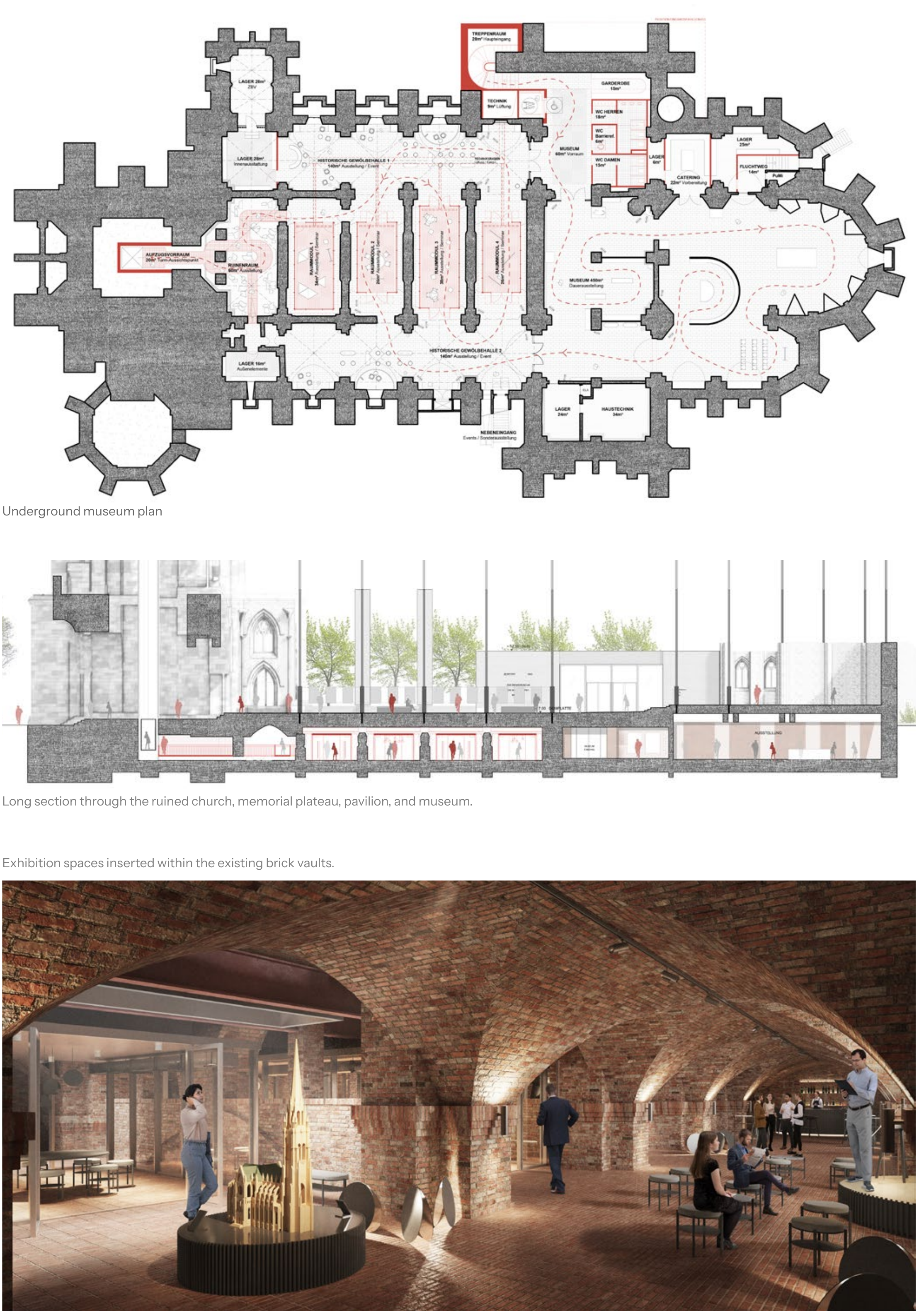 Underground museum plan, long section through the ruin and memorial plateau, and exhibition spaces beneath existing brick vaults.