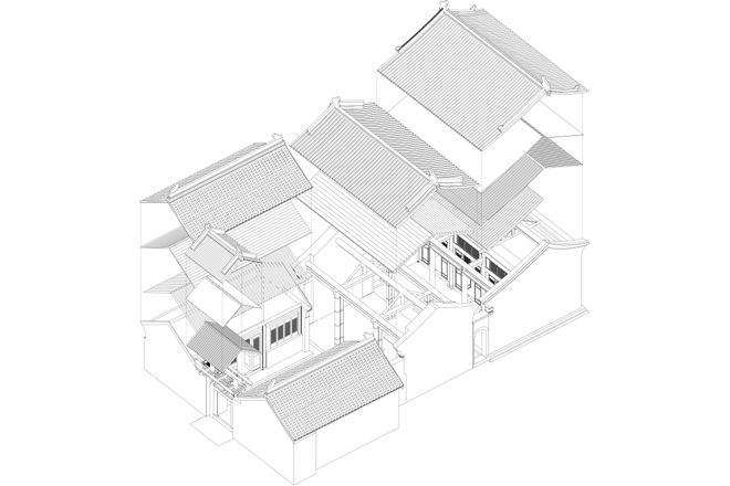 Axonometric reconstruction showing the roofs, timber frames and walls of the measured buildings.