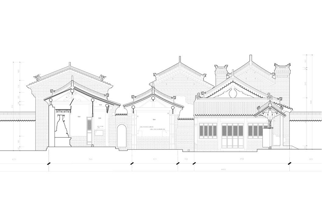 Measured architectural elevation of traditional buildings, showing roofs, masonry, openings and dimensions.