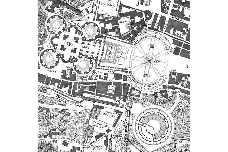 Modified Nolli map introducing seasonal planetariums, a northern observatory and a central astronomical tower.