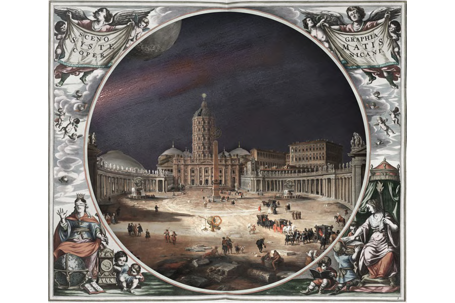 Speculative collage of St. Peter’s Square as a cosmic observatory framed by astronomical imagery.