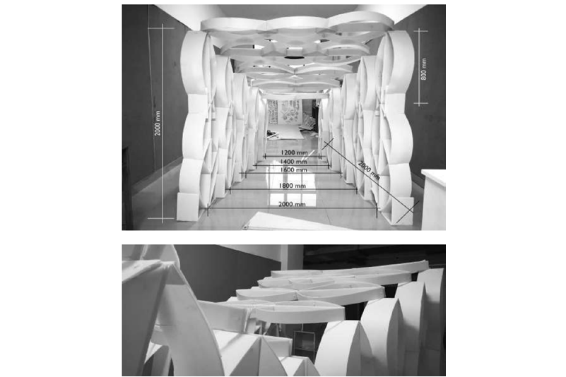 Two photographs of a modular physical installation exploring repeated elements, light, shadow and spatial rhythm.