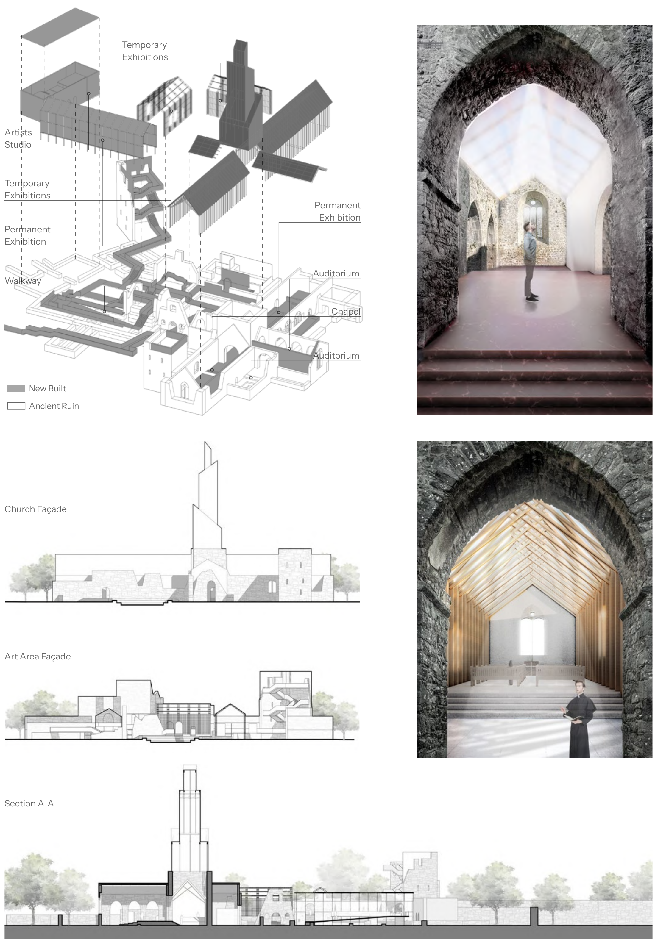 Exploded programme axonometric, chapel and exhibition interiors, elevations and a long section through the ruins.