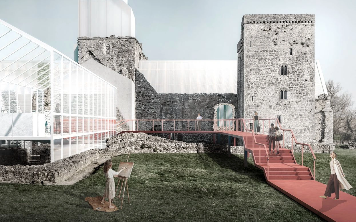 Main entrance to the monastery ruins with a transparent exhibition hall and elevated red walkway.