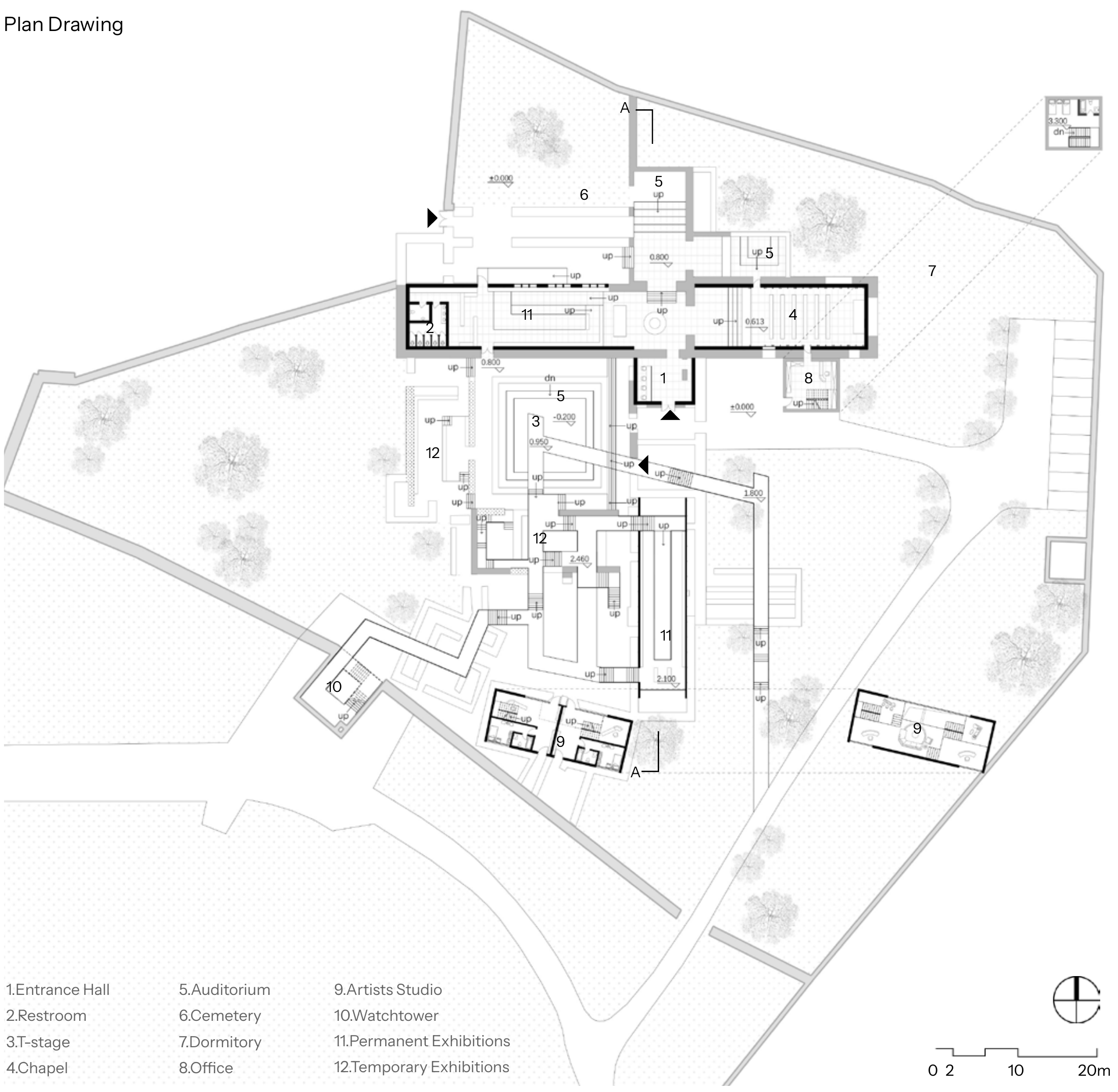 Plan of the monastery ruins showing the chapel, exhibition spaces, auditorium and elevated circulation.